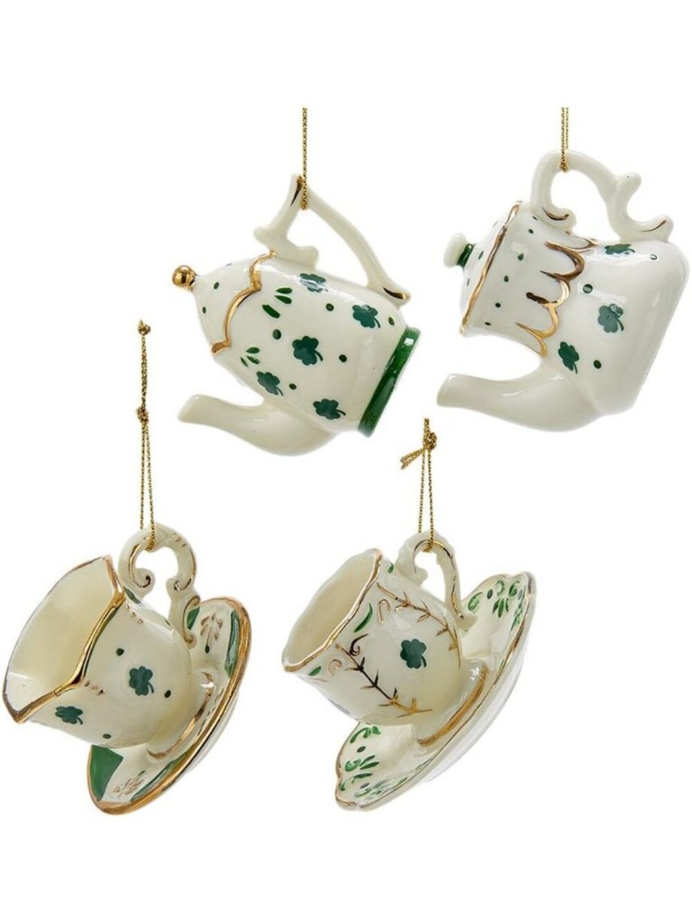 Set of 4 Irish Cup & Teapot Ornaments - 2" Porcelain Holiday Decor